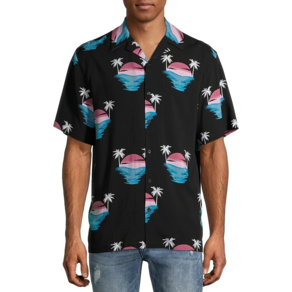 No Boundaries Mens Black Tropical Sunset Palm Tree Rayon Camp Shirt Medium 38-40